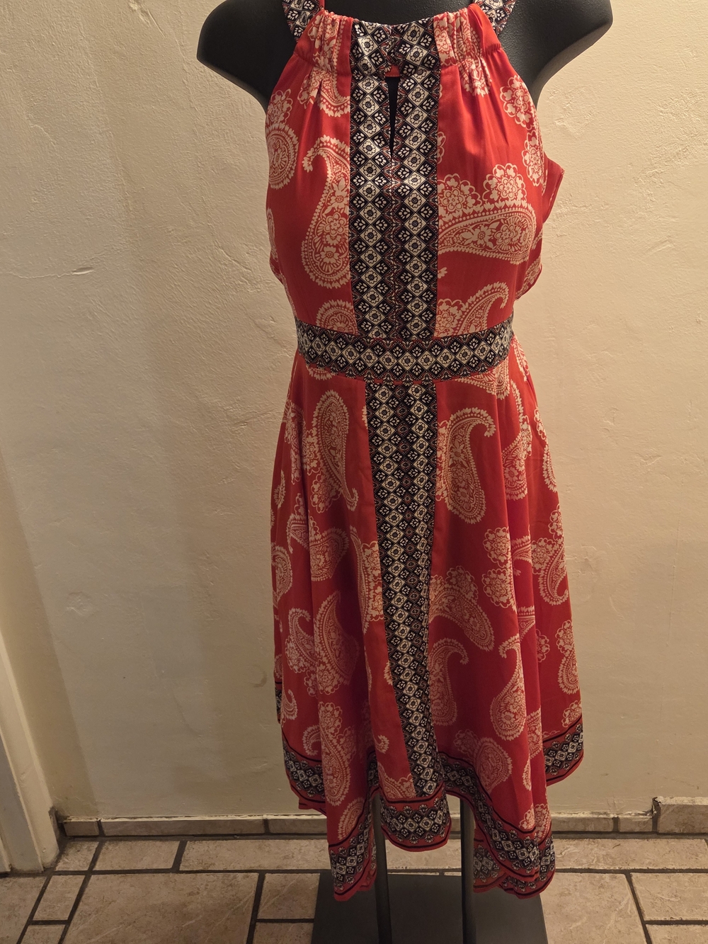 New York & Company Red Paisley Halter Dress with Black Trim